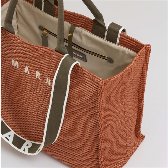 Marni Large Raffia Tote Bag, Brick/Olive 